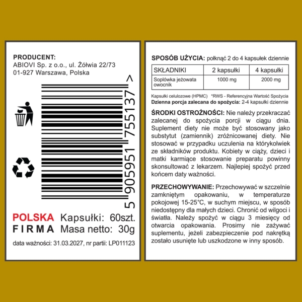 Lion’s Mane (Soplówka jeżowata) mushroom powder – 60 kapsułek – zdjęcie 2
