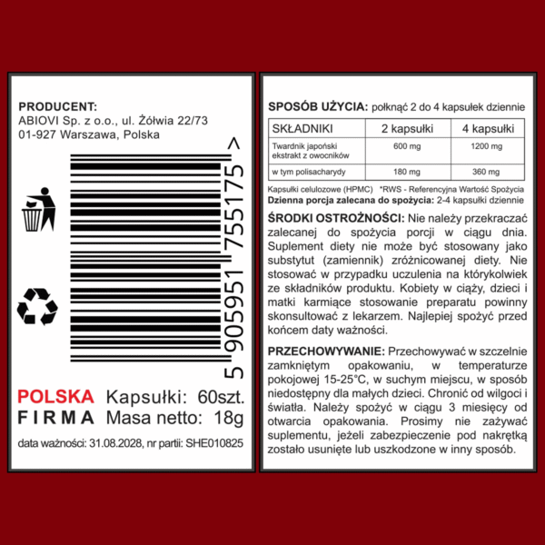 Shiitake (Twardnik japoński) ekstrakt 12:1 – 60 kapsułek – zdjęcie 2